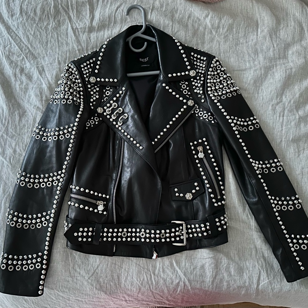 Stunning custom embellished leather jacket, carefully hand crafted in Romania.